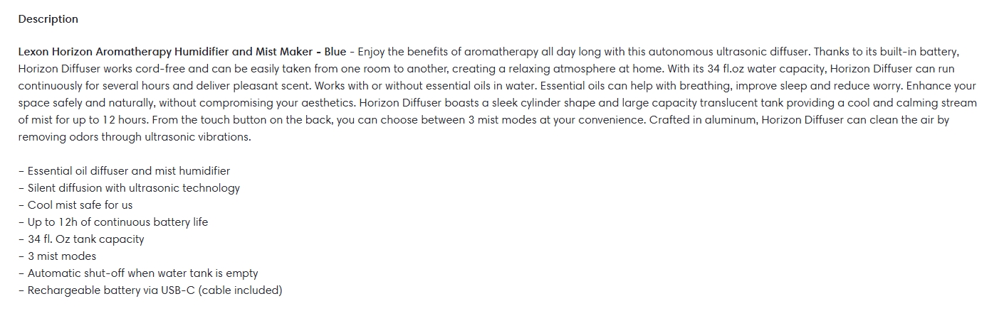 Lexon Horizon Aromatherapy Humidifier & Mist Maker - Blue