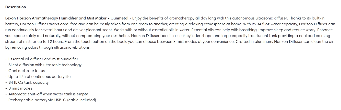 Lexon Horizon Aromatherapy Humidifier & Mist Maker - Gunmetal
