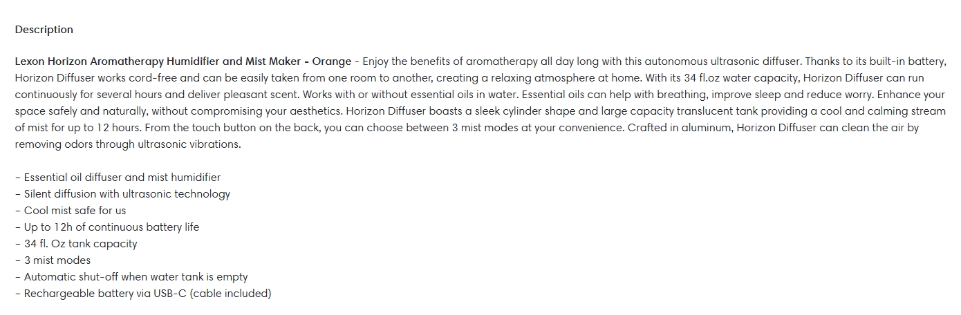 Lexon Horizon Aromatherapy Humidifier & Mist Maker - Orange