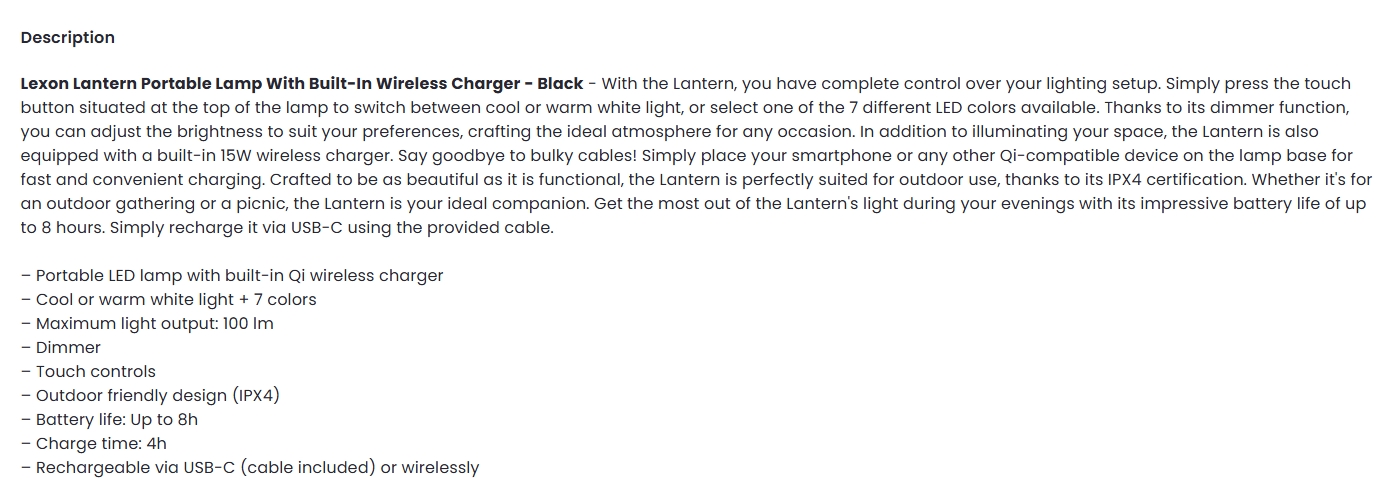 Lexon Lantern Portable Lamp With Built-In Wireless Charger - Black