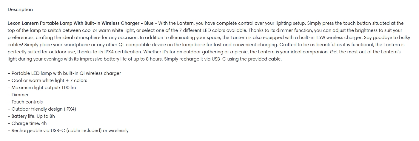 Lexon Lantern Portable Lamp With Built-In Wireless Charger - Blue