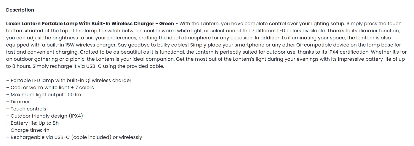 Lexon Lantern Portable Lamp With Built-In Wireless Charger - Green