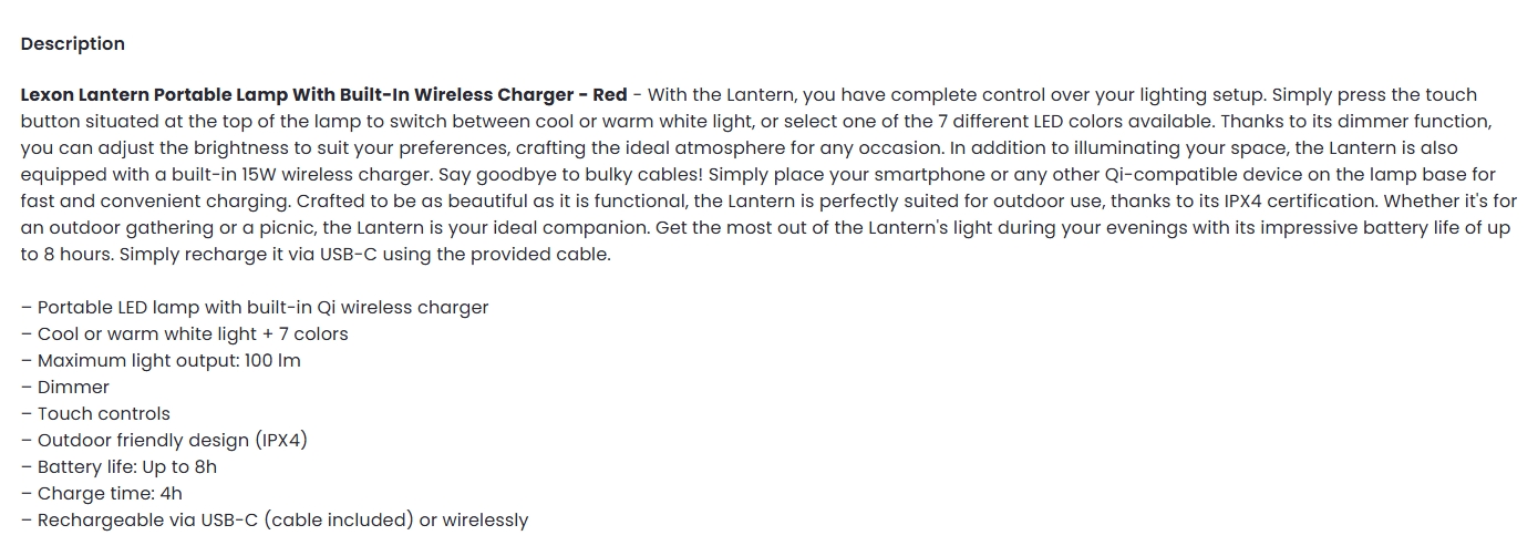 Lexon Lantern Portable Lamp With Built-In Wireless Charger - Red