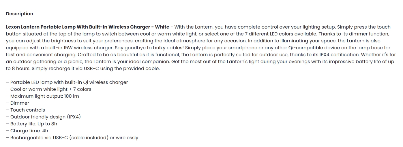 Lexon Lantern Portable Lamp With Built-In Wireless Charger - White