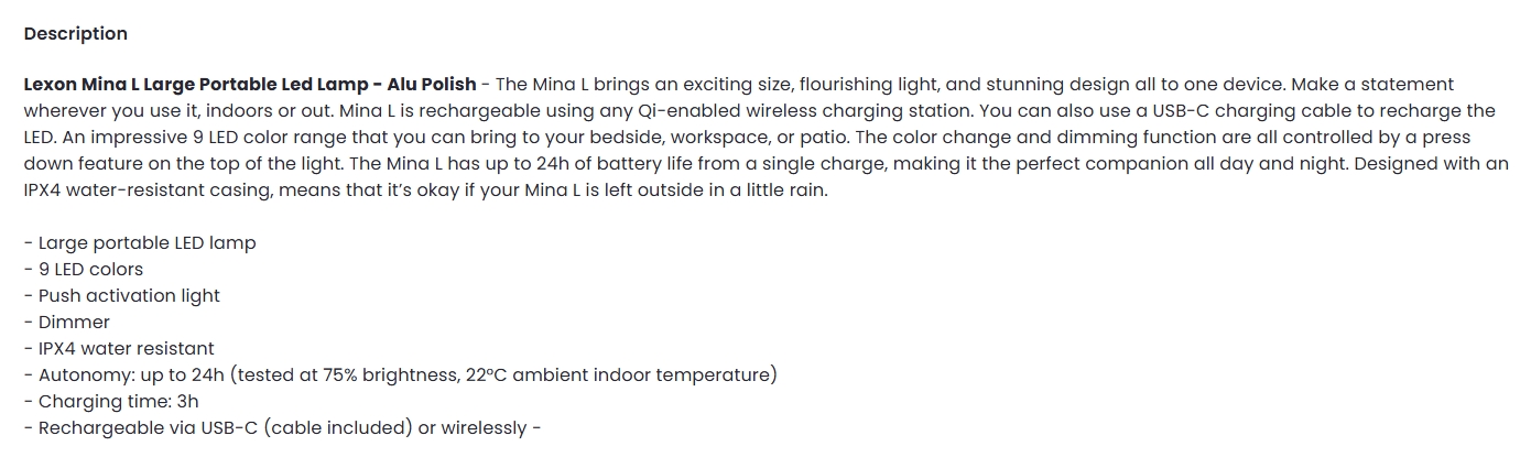 Lexon Mina L Large Portable Led Lamp - Alu Polish
