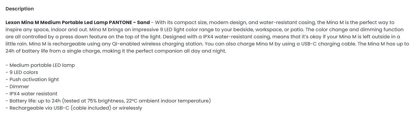 Lexon Mina M Medium Portable Led Lamp PANTONE - Sand