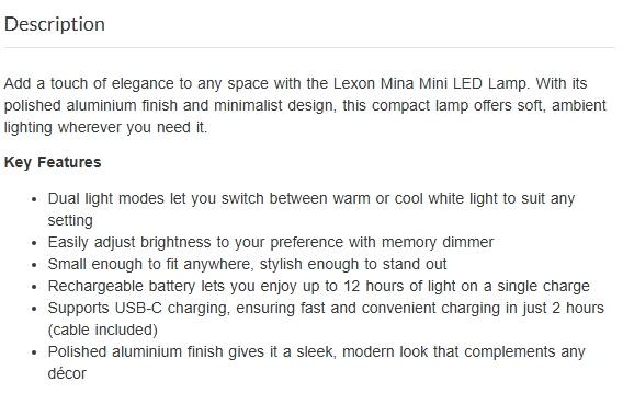 Lexon Mina Mini LED Lamp - Alu Polish
