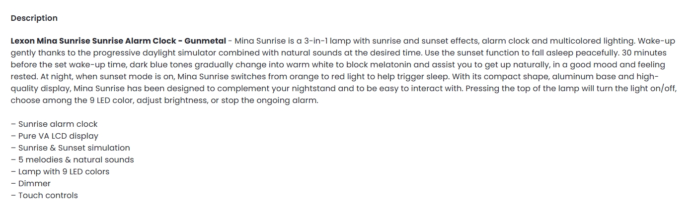 Lexon Mina Sunrise Alarm Clock - Gunmetal