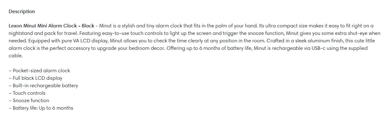 Lexon Minut Mini Alarm Clock - Black