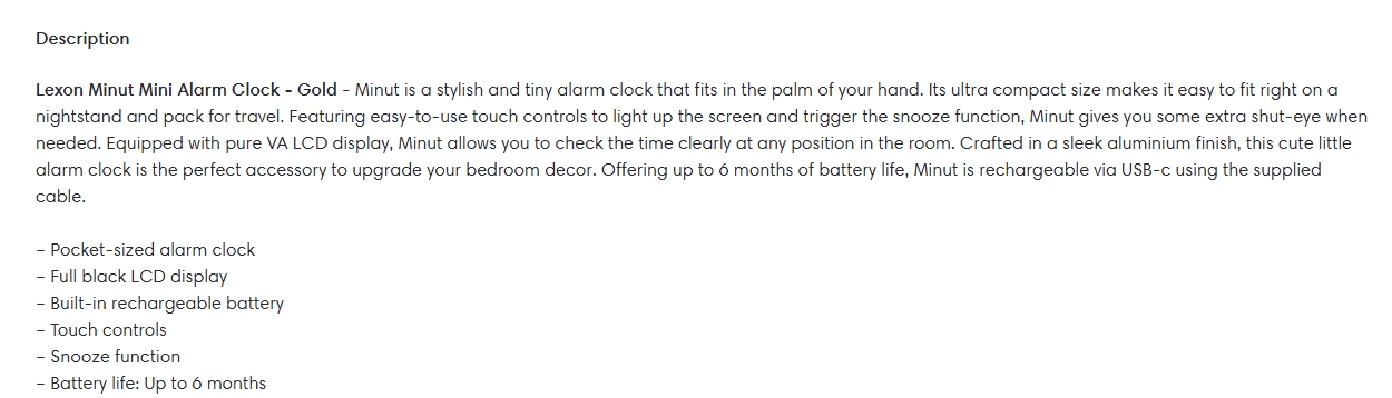 Lexon Minut Mini Alarm Clock - Gold