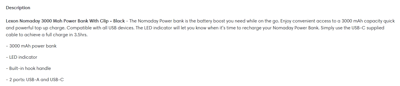 Lexon Nomaday 3000 mAh Power Bank With Clip - Black