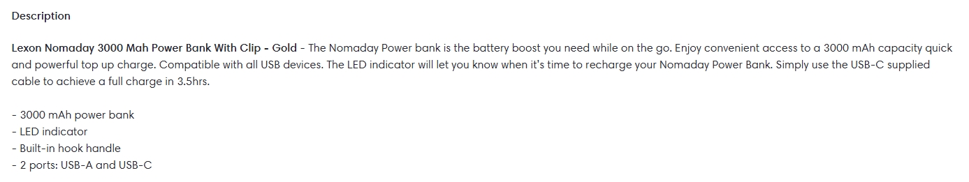 Lexon Nomaday 3000 mAh Power Bank With Clip - Gold