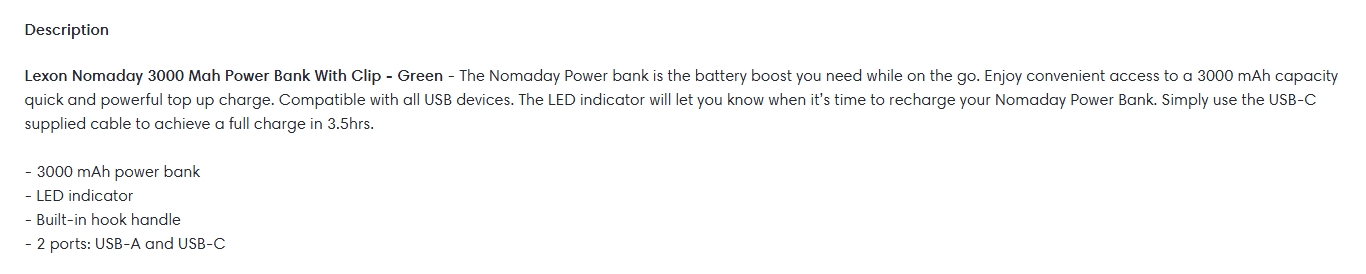 Lexon Nomaday 3000 mAh Power Bank With Clip - Green