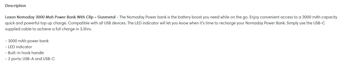 Lexon Nomaday 3000 mAh Power Bank With Clip - Gunmetal