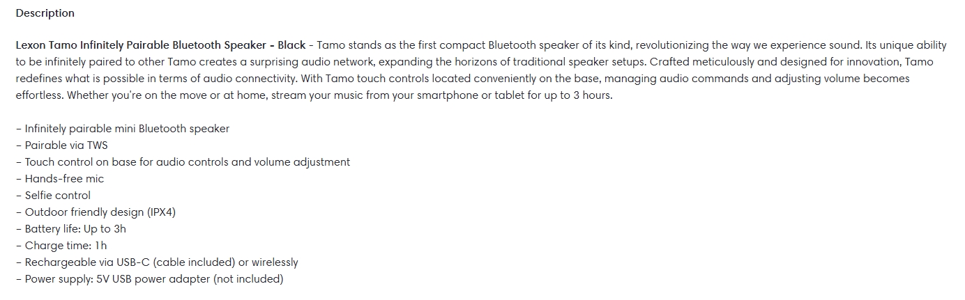 Lexon Tamo Infinitely Pairable Bluetooth Speaker - Black