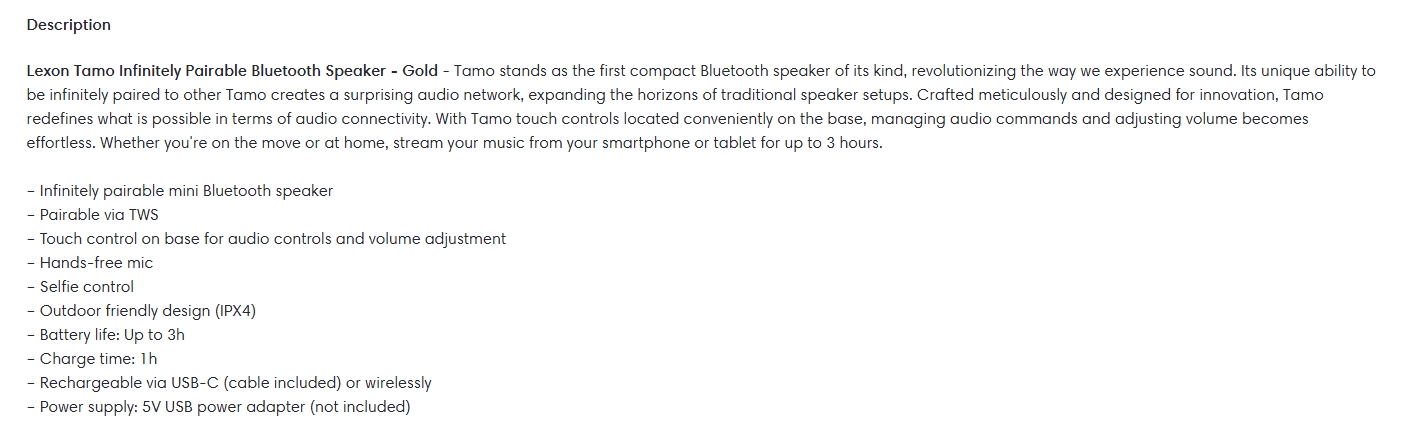 Lexon Tamo Infinitely Pairable Bluetooth Speaker - Gold