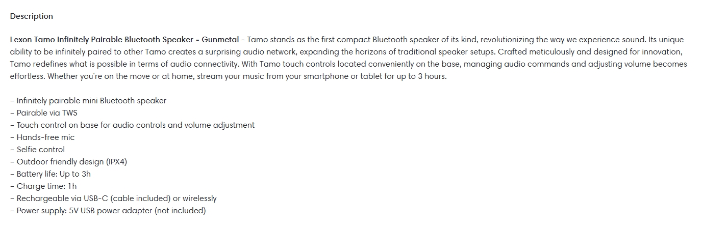 Lexon Tamo Infinitely Pairable Bluetooth Speaker - Gunmetal