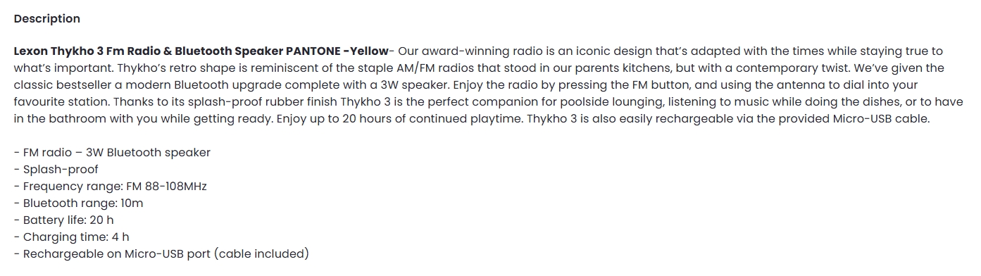 Lexon Thykho 3 Fm Radio & Bluetooth Speaker PANTONE -Yellow