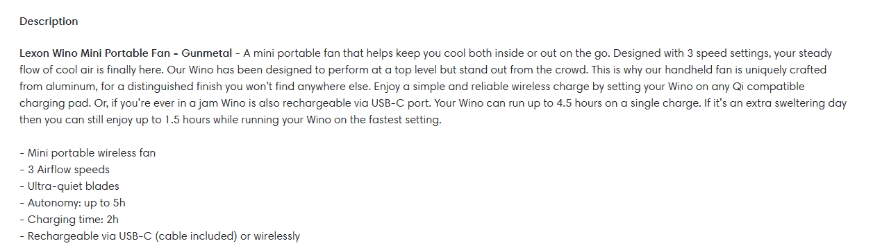 Lexon Wino Mini Portable Fan - Gunmetal