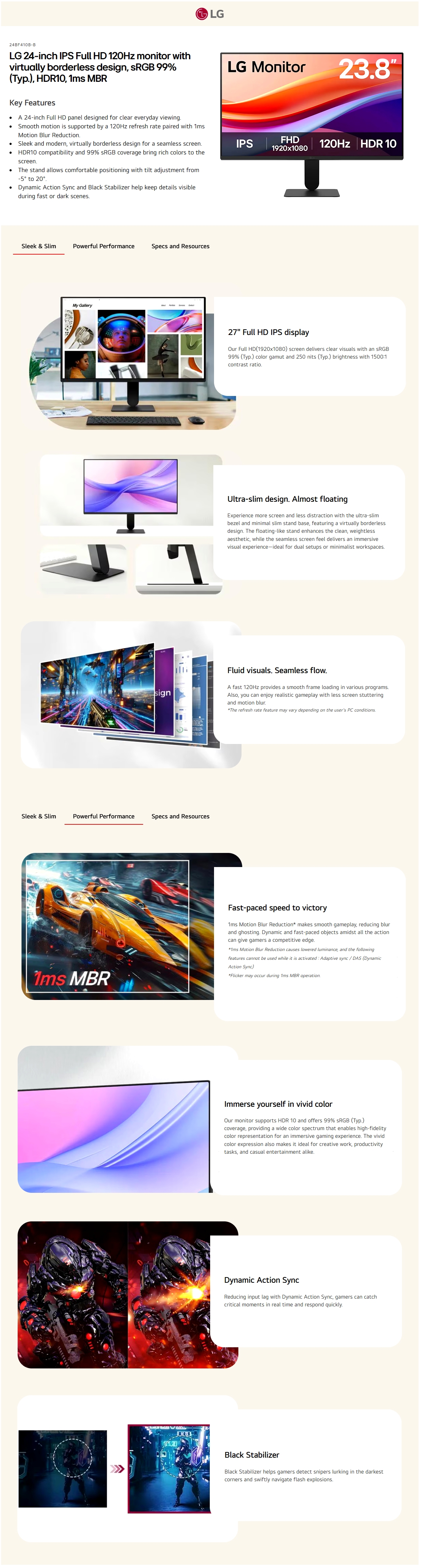 LG 24BF410B-B 24" 120Hz FHD 1ms HDR10 IPS Monitor