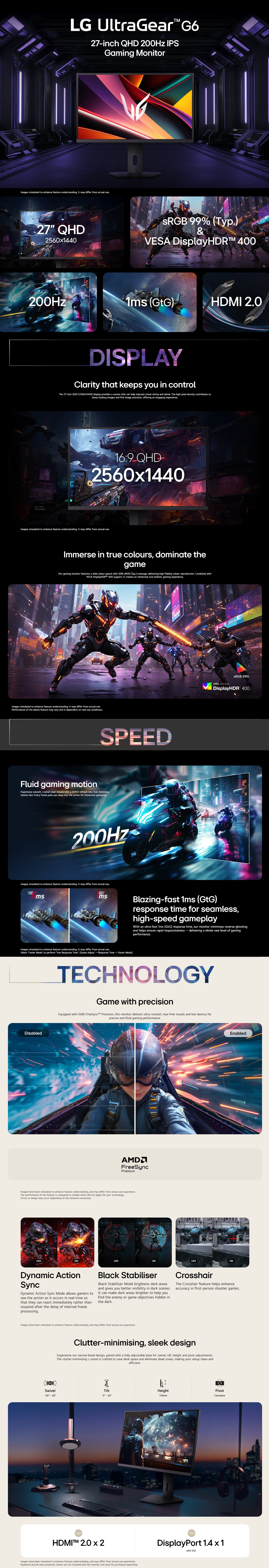 LG UltraGear G6 27" QHD 2K 200Hz 1ms HDR400 AMD FreeSync Premium IPS Gaming Monitor