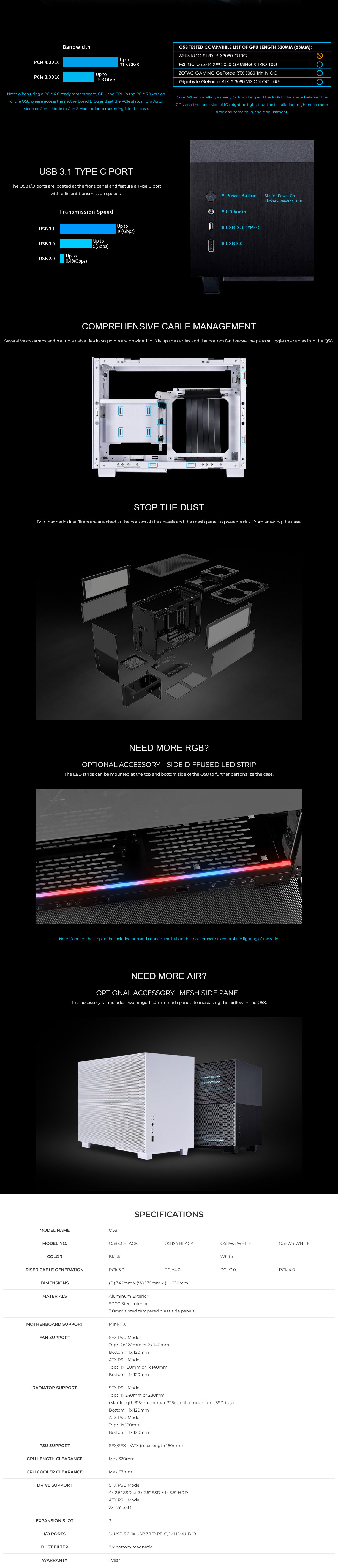 Lian Li Q58 Mesh/Tempered Glass Mini-ITX Case with PCIe 4.0 Riser Cable - White