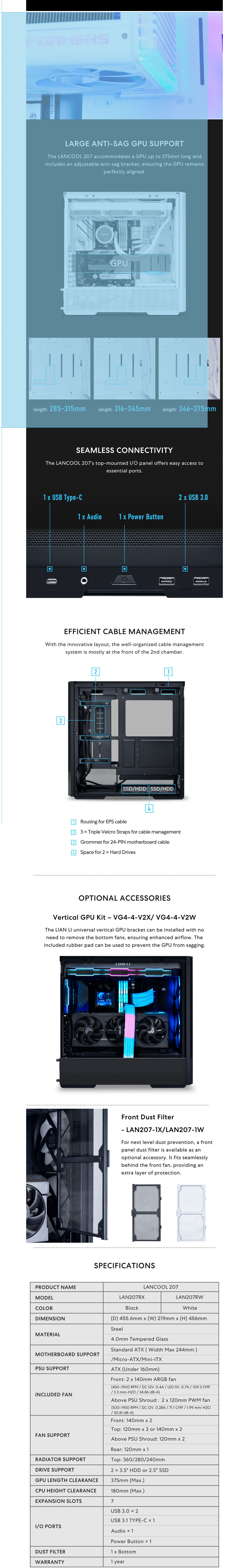 Lian-Li Lancool 207 Tempered Glass RGB ATX Mid-Tower Case - Black