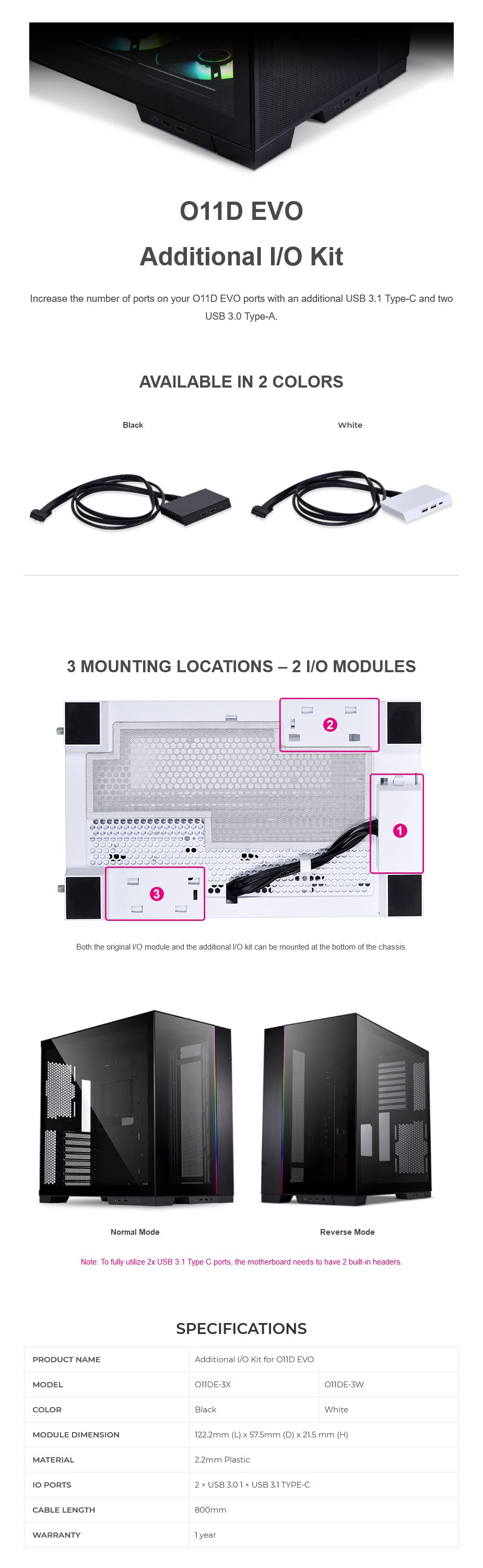Lian-Li O11DE-3X Additional I/O Kit for O11D EVO - White - Desktop Overview 1