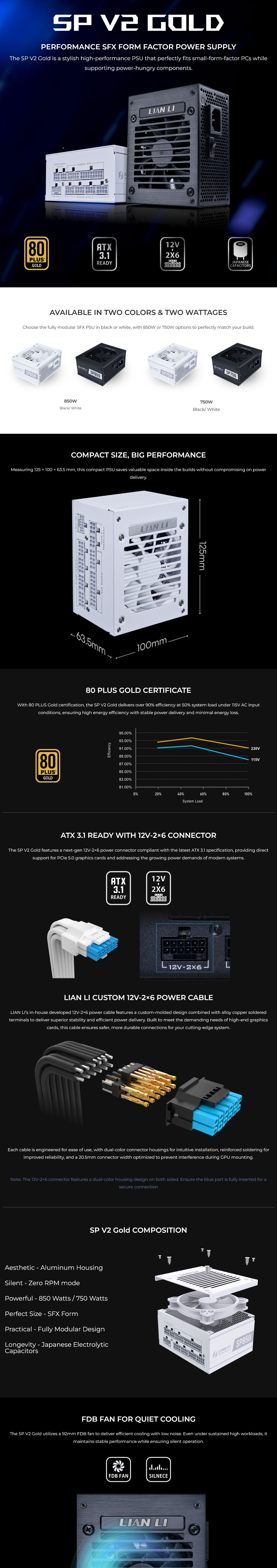 Lian-Li SP850 Gold V2 850W 80 PLUS Gold PCIe 5.0 ATX 3.1 Fully Modular Power Supply - White