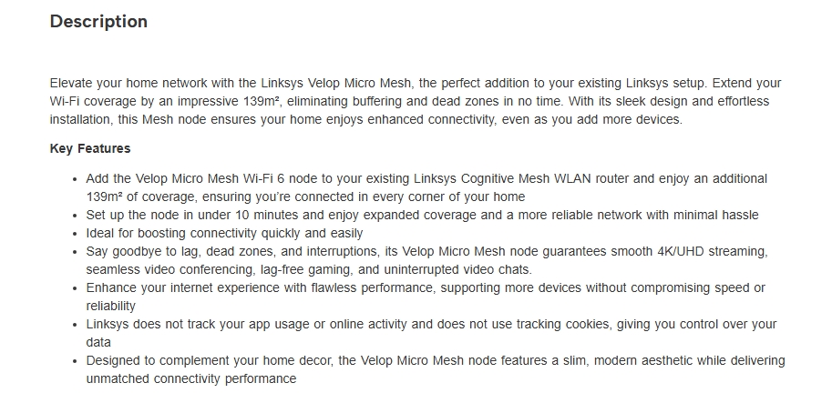 Linksys Velop Micro Mesh WiFi 6 Add-on Node - 1 Pack