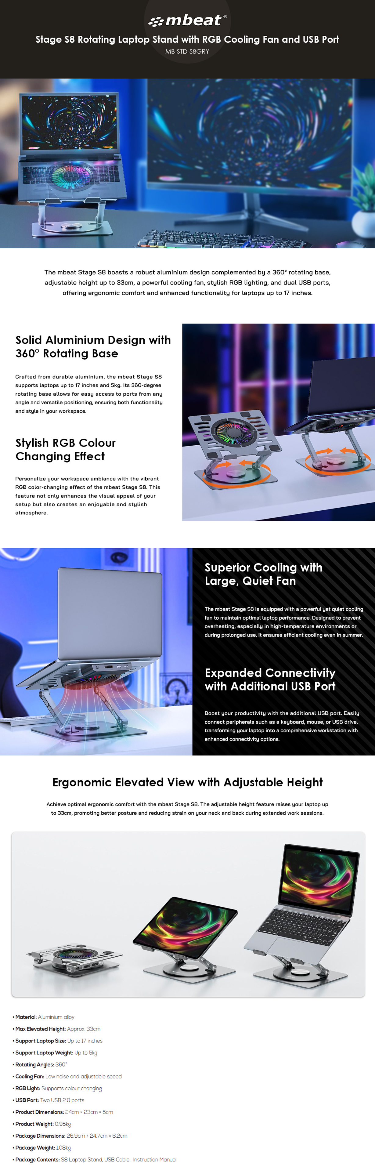 mbeat Stage S8 Rotating Laptop Stand with RGB Cooling Fan/USB Ports ...