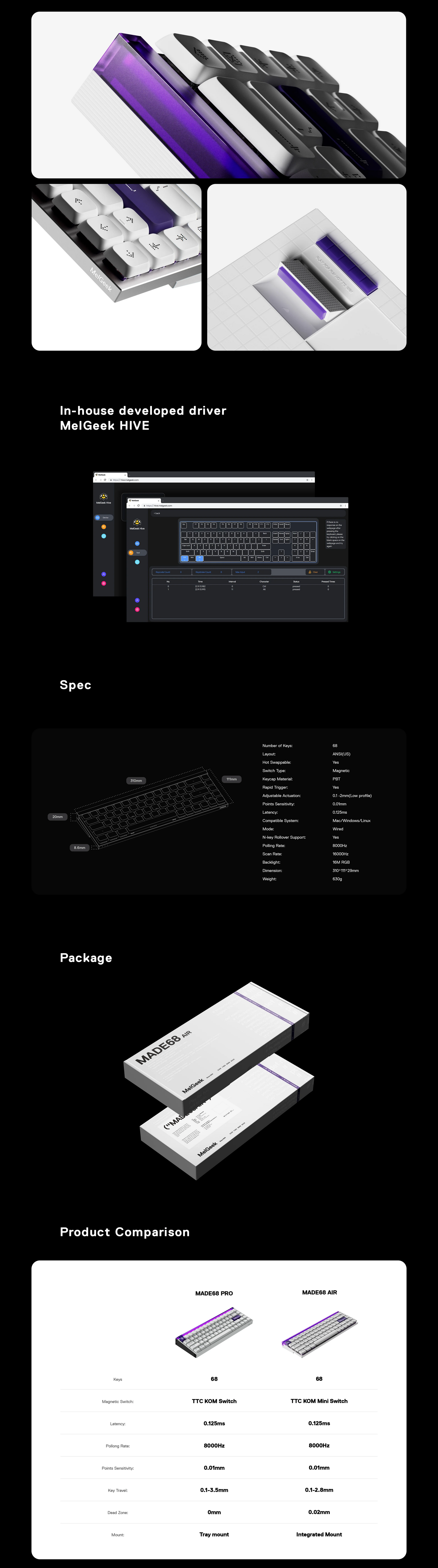 MelGeek MADE68 AIR Low-profile Magnetic Switch Gaming Keyboard - Purple