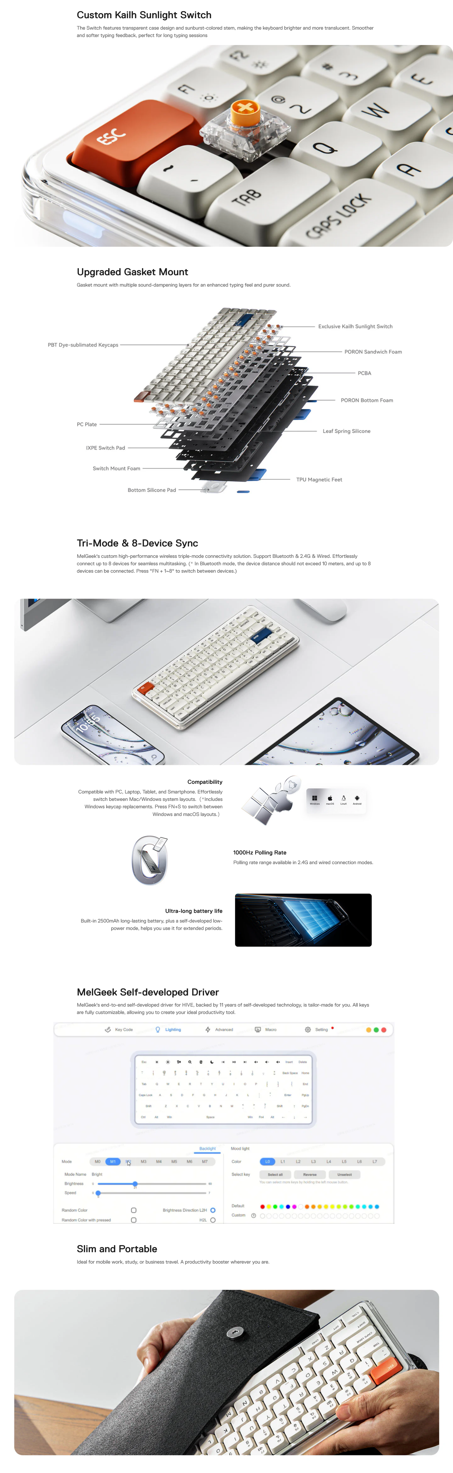 MelGeek O2 RGB Quiet Wireless Low-Profile Mechanical Keyboard - Kailh Sunlight