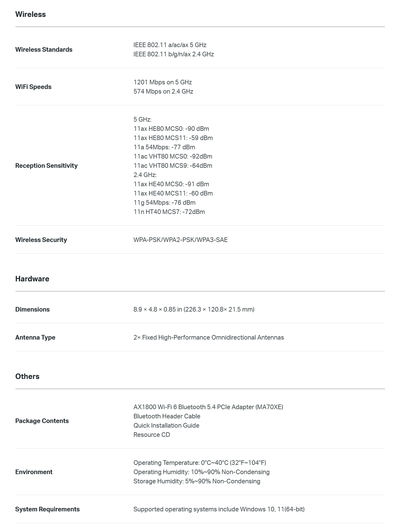 Mercusys MA70XE AX1800 Wi-Fi 6 Bluetooth 5.4 PCIe Adapter