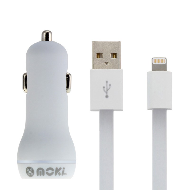 Moki 90cm Lightning SynCharge Cable + Car Charger White ACC