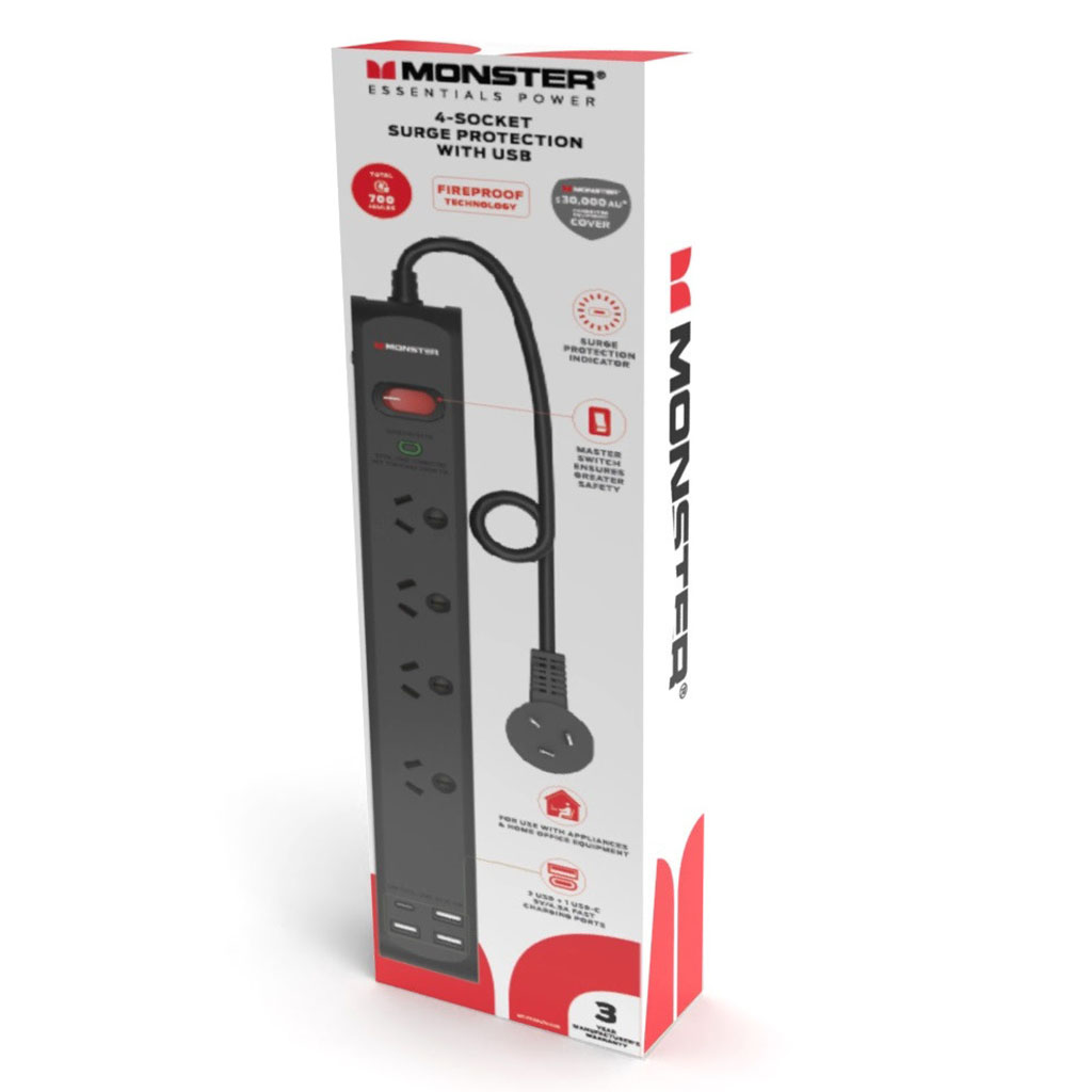 Monster 4-Socket Surge Protector with 4 USB Charging Ports - Black - MT ...