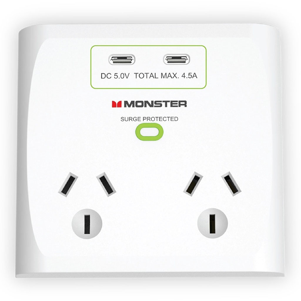 Monster Dual Socket Surge Protector with 2 USB-C Ports - White - MT ...