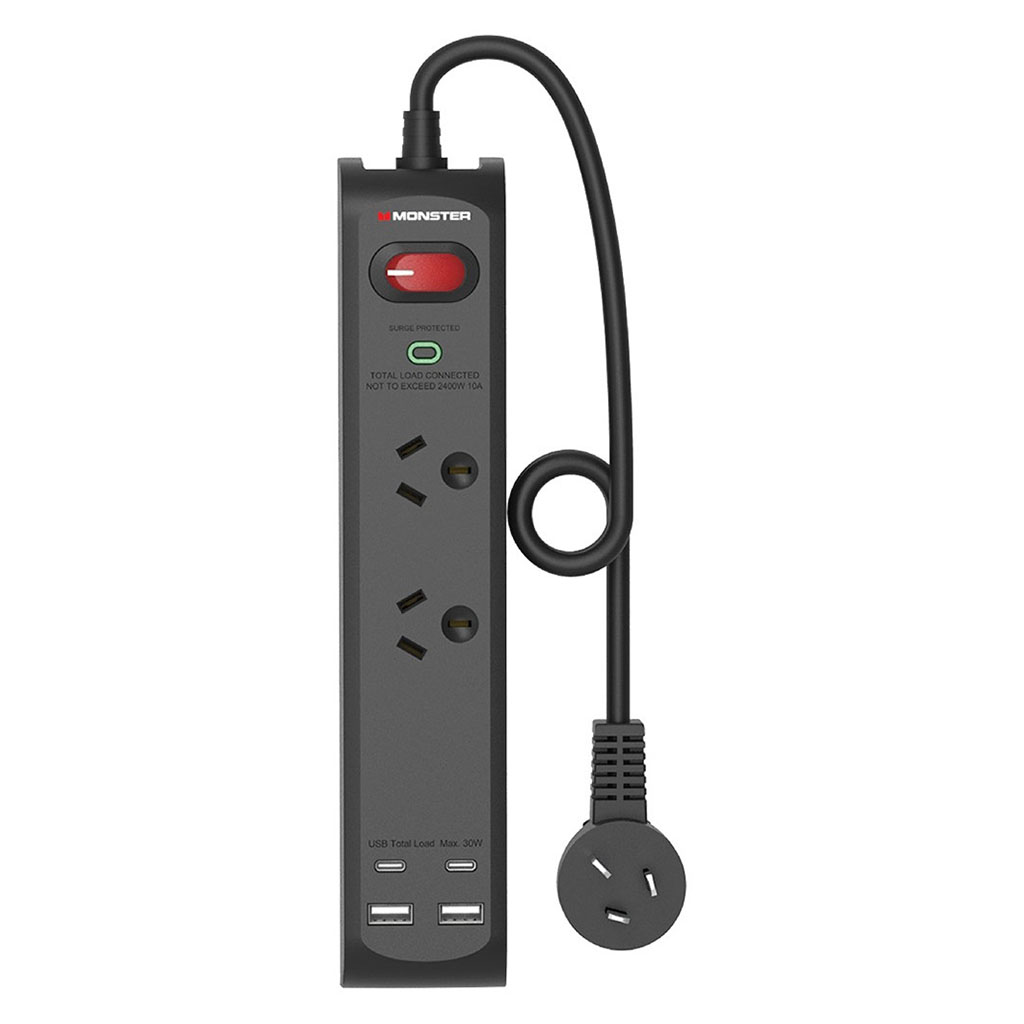 Monster Dual Socket Surge Protector with 4 USB Charging Ports - Black ...