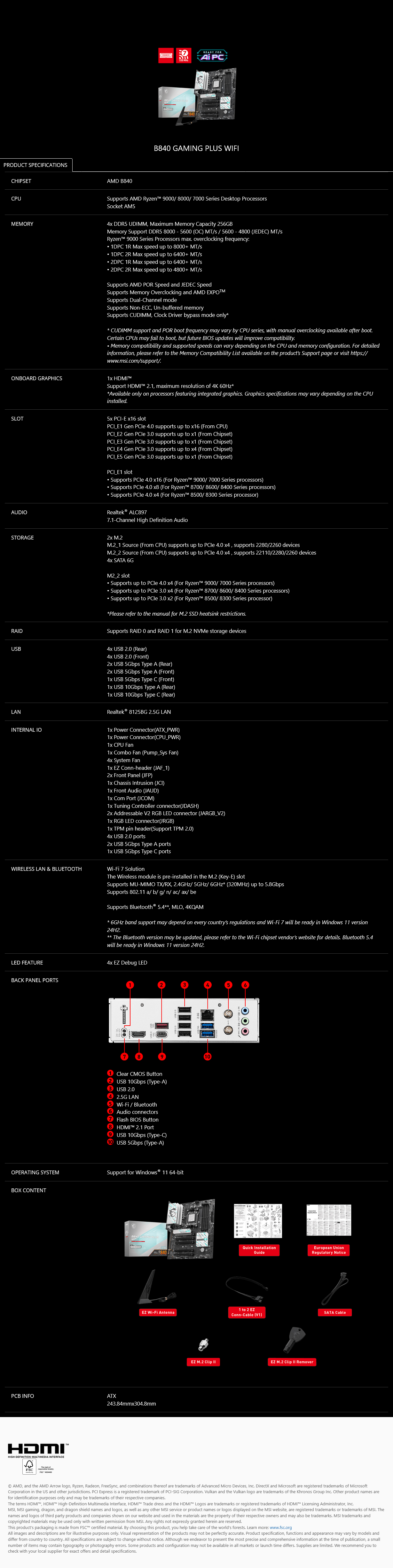 MSI B840 GAMING PLUS WIFI AM5 ATX Motherboard