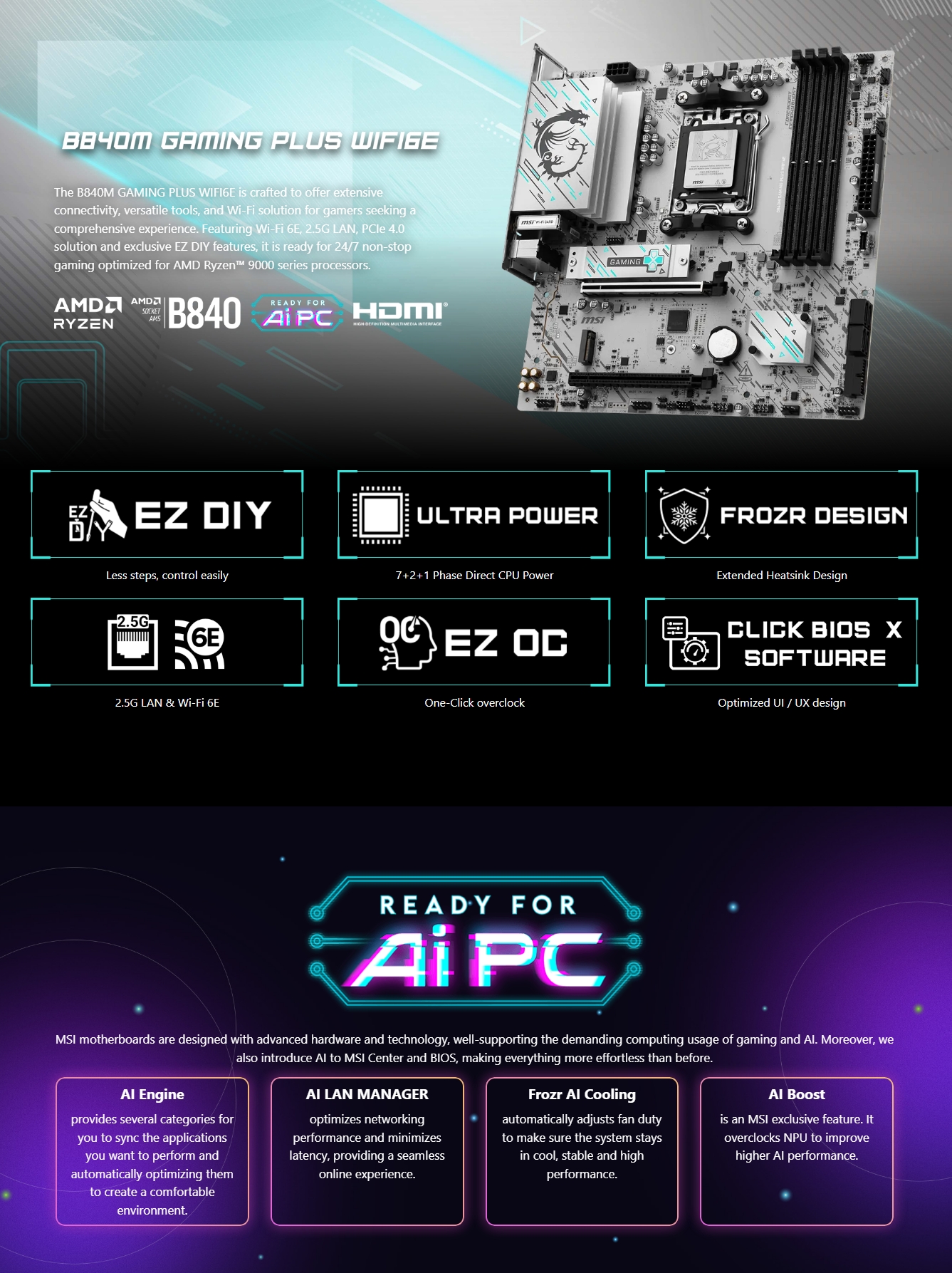 MSI B840M GAMING PLUS WIFI6E AM5 Micro-ATX Motherboard