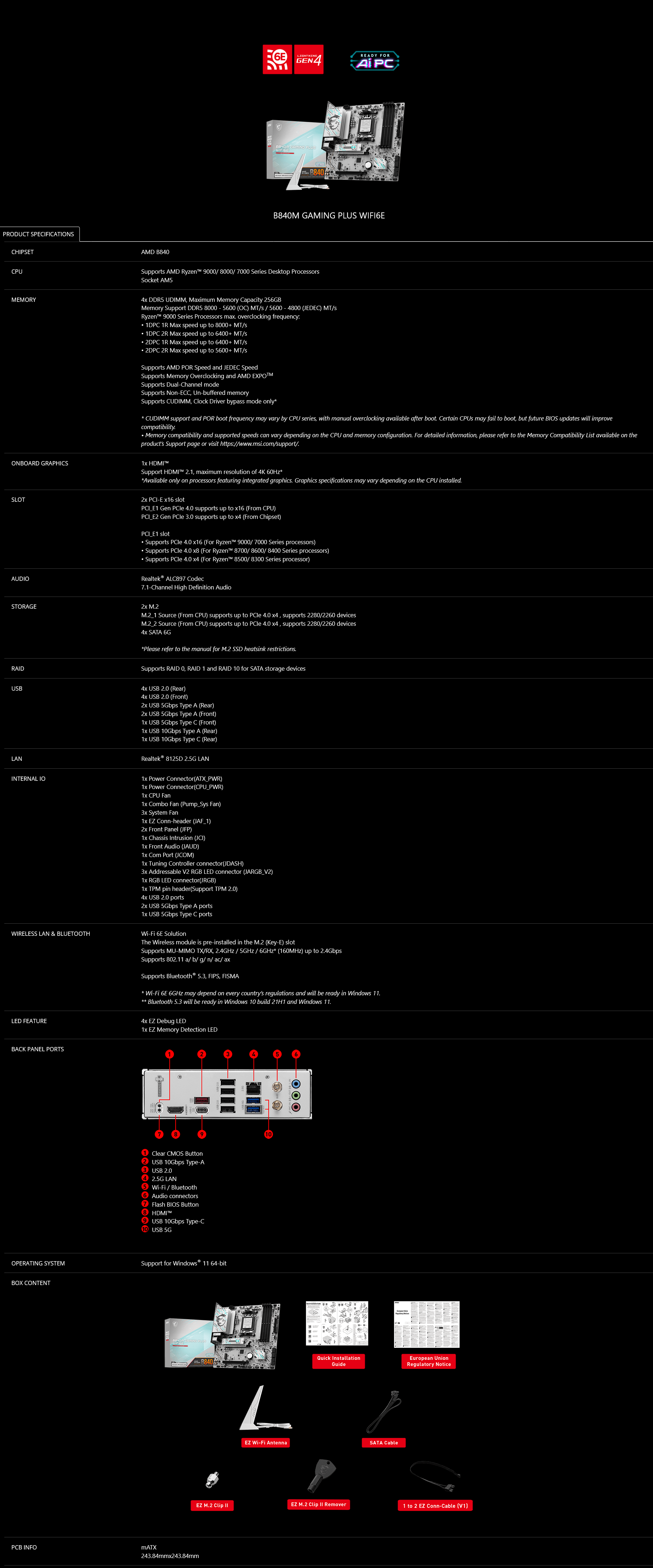 MSI B840M GAMING PLUS WIFI6E AM5 Micro-ATX Motherboard