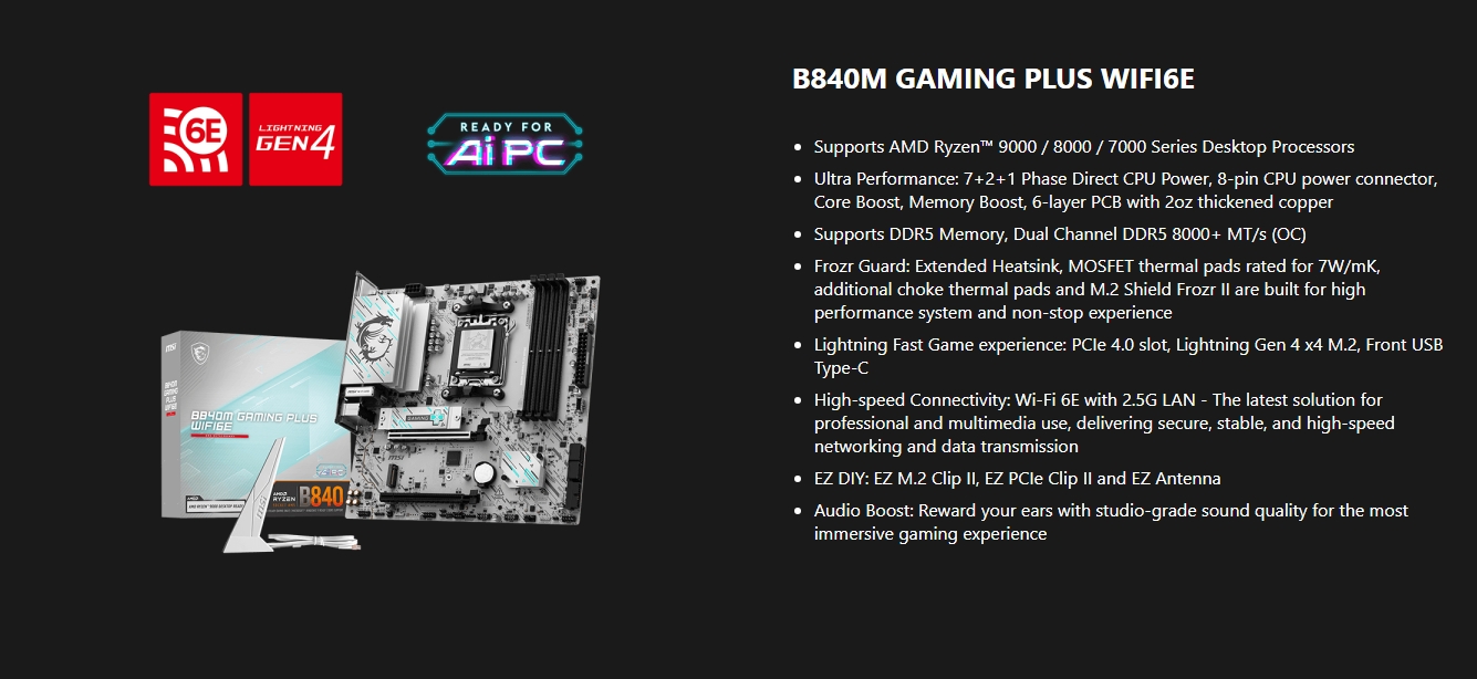 MSI B850 GAMING PLUS WIFI AM5 AMD B850 SATA 6Gb/s 5G Network DDR5 Wi-Fi