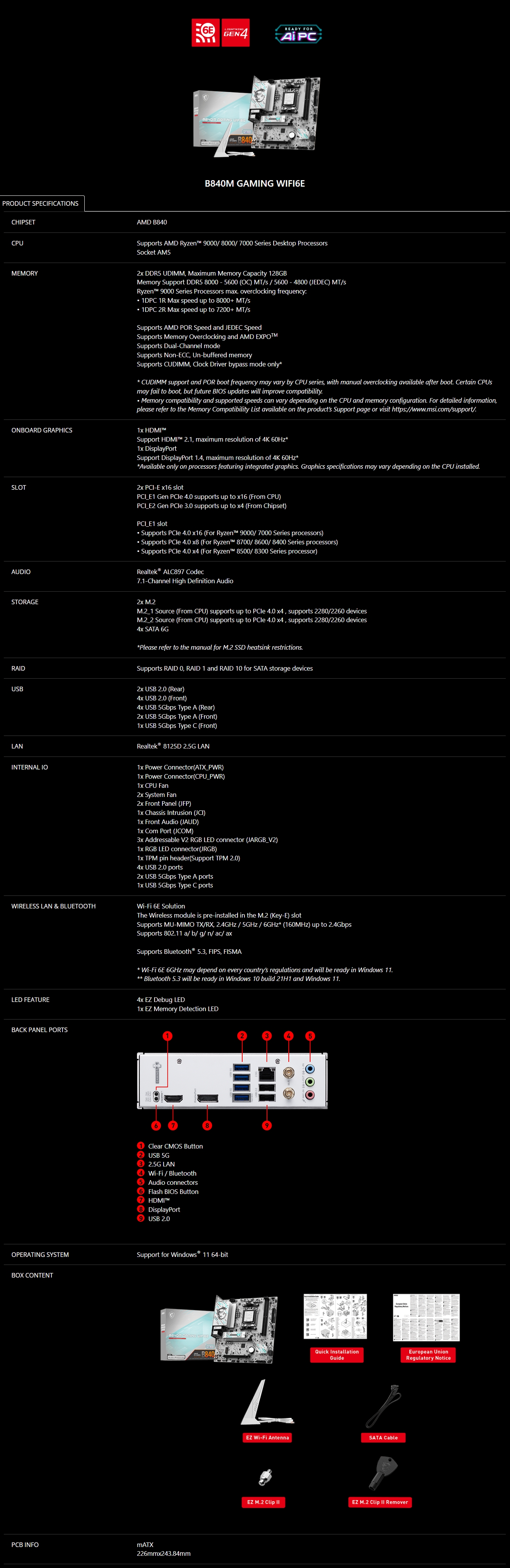 MSI B840M GAMING WIFI6E AM5 Micro-ATX Motherboard