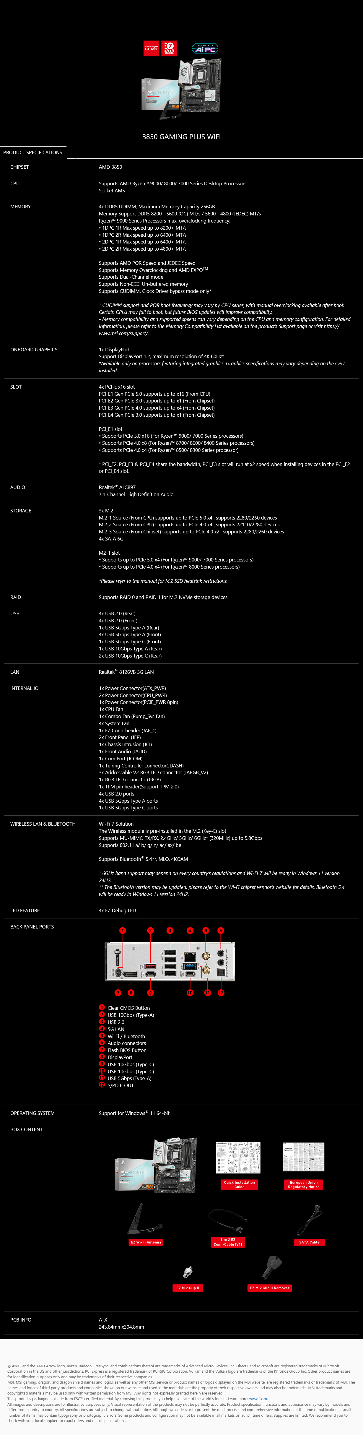 MSI B850 GAMING PLUS WIFI AM5 ATX Motherboard