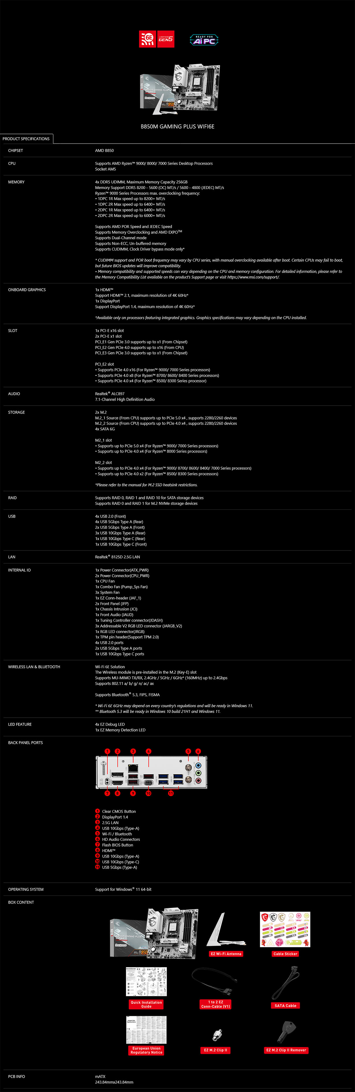 MSI B850M GAMING PLUS WIFI6E AM5 Micro-ATX Motherboard