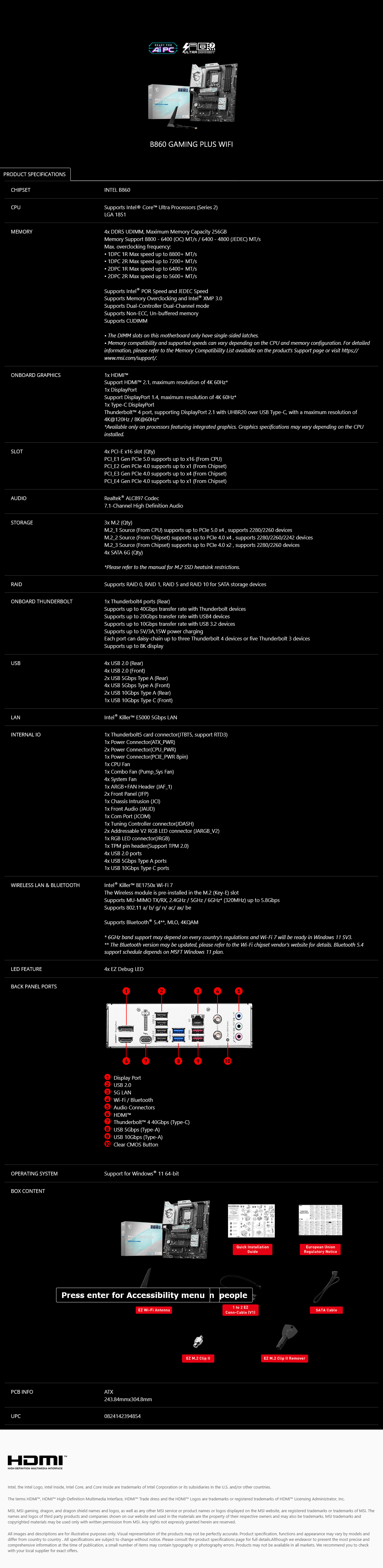 MSI B860 GAMING PLUS WIFI LGA 1851 ATX Motherboard