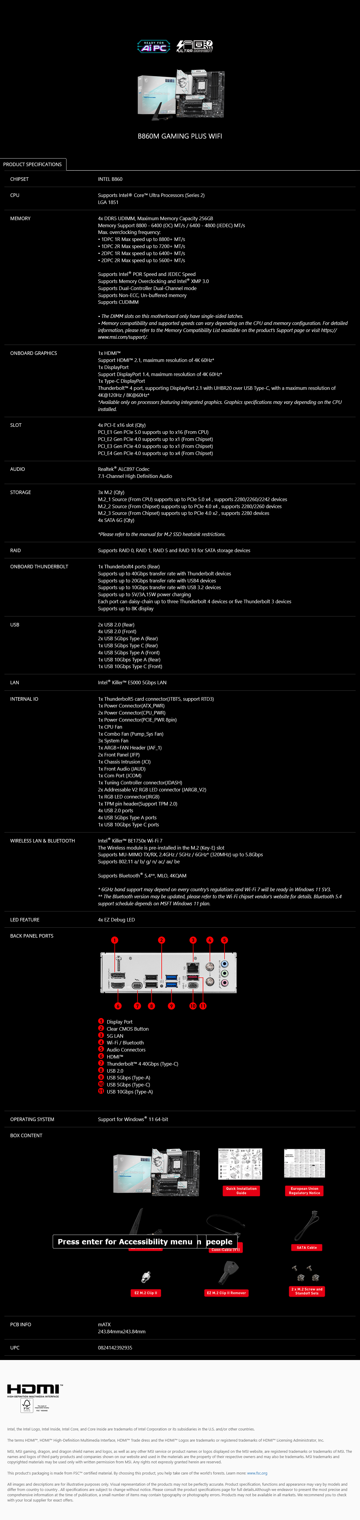 MSI B860M GAMING PLUS WIFI LGA 1851 Micro-ATX Motherboard