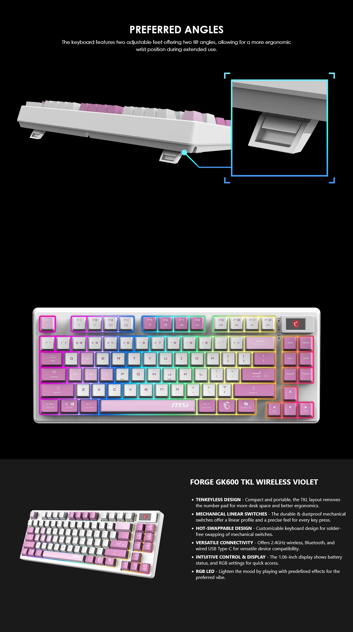 MSI FORGE GK600 TKL WIreless Keyboard - Violet