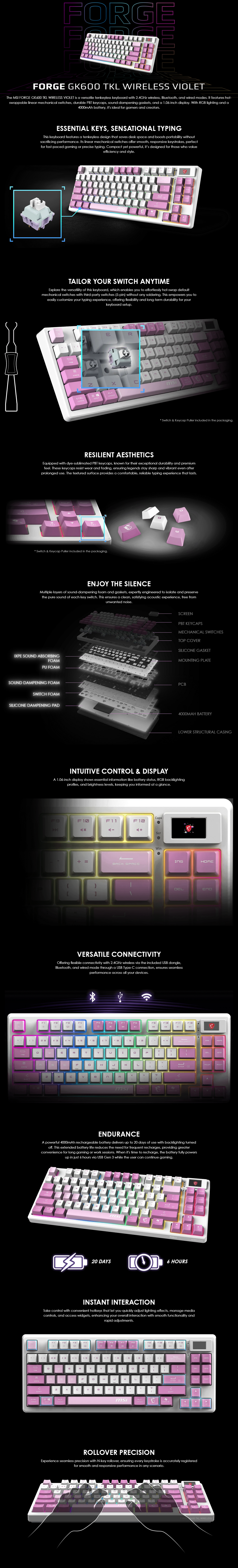 MSI FORGE GK600 TKL WIreless Keyboard - Violet