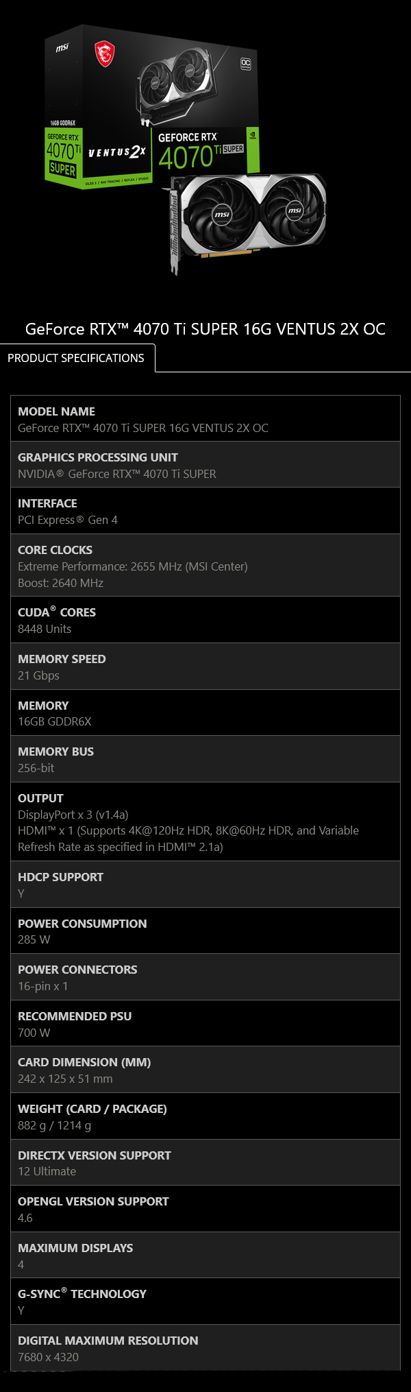 MSI GeForce RTX 4070 Ti SUPER 16G VENTUS 2X OC